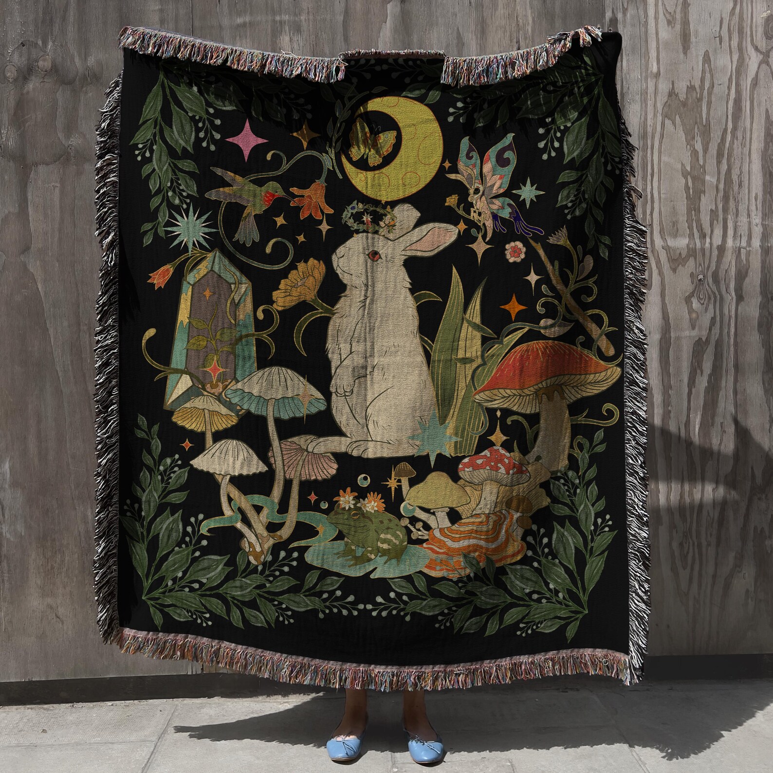 Fairycore Rabbit Woven Throw Blanket: Dark Botanical Rabbit Woven ...