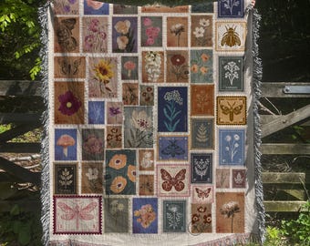 Vintage Botanical Woven Blanket: Floral Butterfly Cottagecore Decor