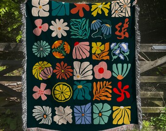 Matisse Floral Woven Blanket: Mid Century Modern Tapestry Throw
