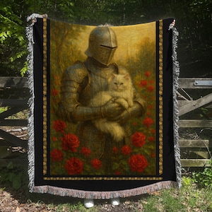 Knight and Cat Woven Blanket: Gothic Medieval Rose Garden Tapestry