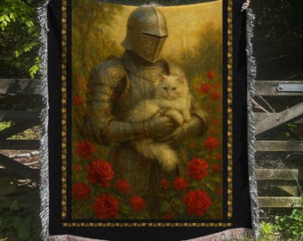 Knight and Cat Woven Blanket: Gothic Medieval Rose Garden Tapestry