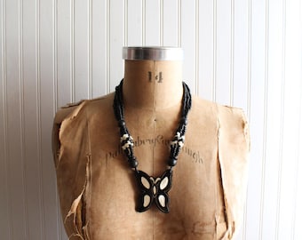 Vintage Butterfly Beaded Statement Necklace, Mother of Pearl Inlay, 80s Island Glam.