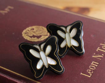 Vintage Mother of Pearl Inlay Butterfly Earrings, Black, Statement Jewelry.