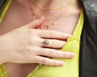Radiant Labradorite Crown Ring | Opal & CZ Accents