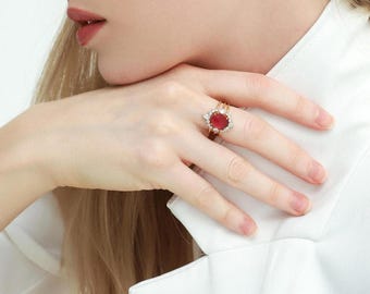Personalized Birthstone Halo Ring | CZ & Glass Gemstone