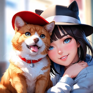 Whimsical art print,  Cartoon cat dog girl,  fantasy dog cat girl, wall art, digital art, Cyberpunk Anime Dog Art, Cyberpunk Anime cat Art