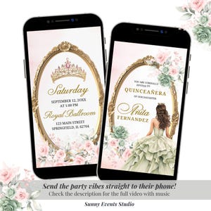 Animated Blush Floral Roses Gold Quinceanera Invitation, Gold Crown XV Invitation, Sage Pink Mis Quince Anos Animated Video Invitation, A22