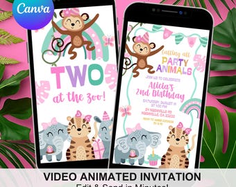 Safari Animals TWO at the Zoo Birthday Invitation, Jungle Party Animal Girl 2nd Birthday Invite, Canva Wild Animals Birthday Animation C219