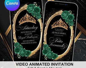 Animated Black Emerald Green Roses Gold Quinceanera Video Invitation, Royal Emerald Gold Tiara Mis Quince Anos de Invitaciones, XV Anos, A24