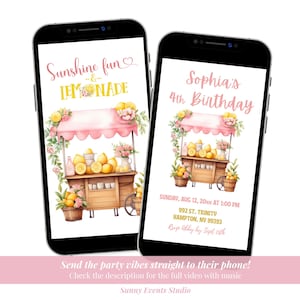サンシャイン＆ピンクレモネードの誕生日ビデオ招待状、レモネードスタンドのサンシャインバースデーガール招待状、レモンカートの夏のアニメーション招待状C10