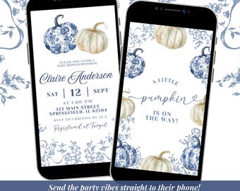 Little Pumpkin Is On The Way Video Invitation, Blue and White Chinoiserie Pumpkin Fall Baby Shower Invitation, Pumpkin Boy Baby Shower C62