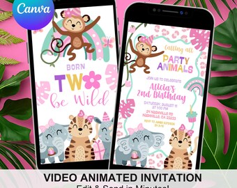 Safari Animals Born TWO Be Wild Birthday Invitation, Leopard Pattern Girl 2nd Birthday Invite, Canva Wild Animals Birthday Animation C219