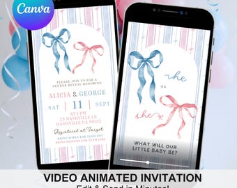 Grandmillenial Preppy Bow Gender Reveal Video Invitation, What Will Our Baby Be Gender Reveal Invite, Pink Blue Gender Reveal Animation C167