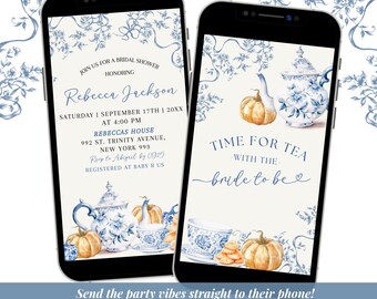 Fall Pumpkin Ginger Jar Chinoiserie Bridal Shower Video Invitation, Blue Chinoiserie Tea Party Bridal Shower, French Toile Bridal Shower C62