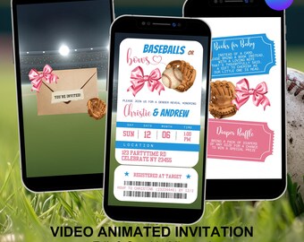 Baseball or Bows Gender Reveal Ticket Invitation, Pink Coquettes and Baseballs Gender Reveal, Canva Animation Sport Theme Gender Reveal AC44