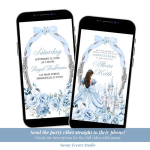 Dusty Blue Coquette Bow Fairytale Castle Quinceanera Video Invitation, Royal Palace Princess Sweet 16th Invite, Mis Quince XV Animation A6