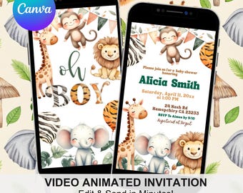 Safari Party Animals Baby Shower Invitation, Oh Boy Forest Animals Baby Shower Invite, Canva Wild Jungle Animals Baby Shower Animation C151