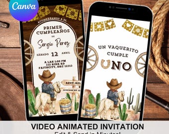 Spanish Cowboy First Rodeo Invitation, Rustic Wood Boots 1st Birthday Invite, Canva Editable invitación de primer cumpleaños Animation C137