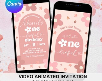 Boho Daisy Isn't She Onederful 1st Birthday Video Invitation, Soft Pink Arch Daisy First Birthday, Flowers Birthday Animation Video C23
