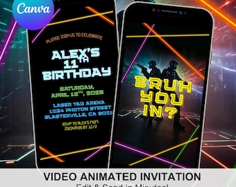 Animated Laser Tag Birthday Invitation, Digital Laser tag party invitation, Laser Tag Birthday Invitation, Bruh You In animated invite AC34