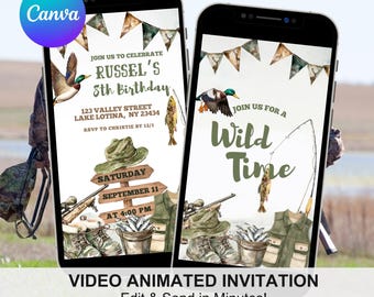 Hunting and Fishing Camo Boy Birthday Invitation, Adventure Wild Time Kids Birthday Invite, Canva Editable Hunting Birthday AnimationC138