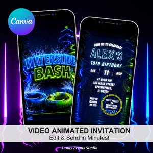May include: Two smartphones displaying a digital birthday invitation with a neon-themed waterslide graphic. The text reads: JOIN US TO CELEBRATE ALEX'S 10TH BIRTHDAY, SAT 11 NOV, AT 6:00 PM, 123 MAIN STREET SPRINGFIELD, IL 62704, RSVP TO CLAUDIA BY 12/2.