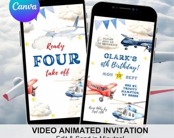 Animated Airplane Boy 4th Birthday Invitation, Ready Four Take Off Kids Birthday Invitation, Pilot Helicopter Aviation Birthday Video C76