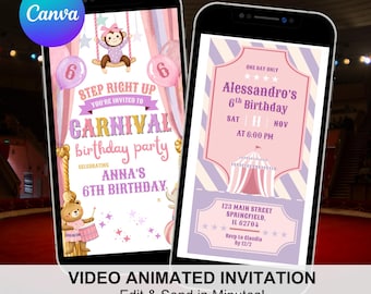 Pink Purple Girl Carnival Birthday Party Invitation, Circus Theme Kids Birthday, Birthday Ticket Editable Birthday Canva Animation C260