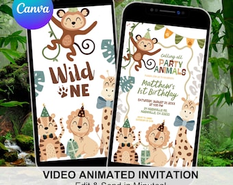 Safari Animals Leopard Pattern Birthday Invitation, Wild One Boy 1st Birthday Invite, Canva Editable Wild Animals Birthday Animation C219