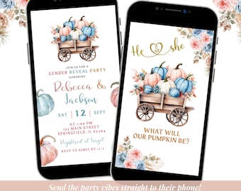 Blue and Pink Floral Pumpkin Gender Reveal Video Invitation, He or She Our Little Pumpkin Baby Be, Fall Boho Pampas Grass Gender Reveal C54