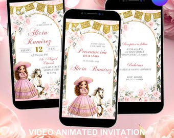 Mexican Charra Pink Floral Girl Presentacion de 3 anos Invitacion, Floral Horse Birthday, Canva Editable Spanish Birthday Animation C225
