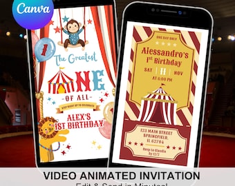 Red Yellow The Greatest ONE Circus Boy Birthday Invitation, Carnival Theme Kids Birthday, First Birthday Editable Canva Animation C260