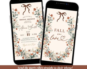 Coquette Bow Autumn Wildflower Bridal Shower Video Invitation, Fall In Love Bridal Shower, Floral Red Bow Bridal Shower Animation Video C118