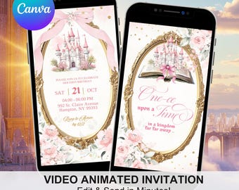 Fairytale Blush Pink Storybook 1st Birthday invitation, One-ce Upon A Time First Birthday, Canva Fairytale Castle Birthday Animation A6