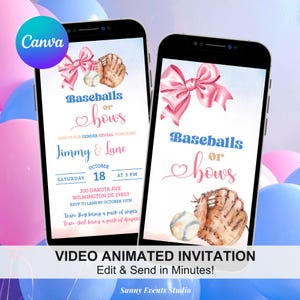 Puede incluir: Dos smartphones muestran una invitación de revelación de género. La invitación presenta el texto "Baseballs or Bows" con ilustraciones de béisbol y lazos. La invitación incluye detalles del evento y el texto "Video Animated Invitation".