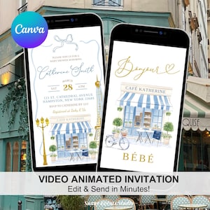 Animated Dusty Blue Coquette Bow Parisian Cafe Boy Baby Shower Video Invitation, Bonjour Bebe French Baby Shower Animated Invitation, C94