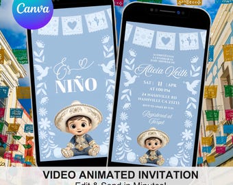 Spanish Blue Arch Cielito Lindo Baby Shower Invitation, Mexican Charro Baby Shower Invite, Canva Spanish Es Niño Invitacion Animation C188