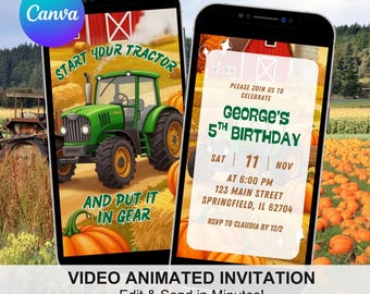 Start Your Tractor Boy Birthday Video Invitation, Fall Pumpkin Autumn Birthday Invite, Canva Editable Kids Birthday Animation Invite SEV 1