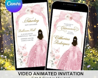 Animated Boho Coquette Bow Quinceanera Invitation, Pink Floral Butterfly XV Invitation, Pink Mis Quince Anos Animated Video Invitation, A18