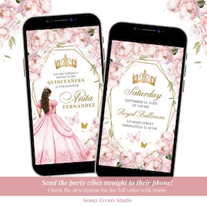 Geometric Blush Pink Mis Quince Video Invitation, Pink Floral Butterfly Quince Tiara Invite, Gold Crown Princess Sweet 16 Animated Video A26