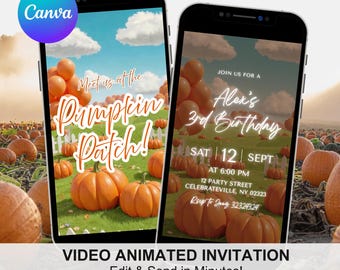 Digital Fall Pumpkin Patch Birthday Bash Invitation, Maple Leaves Autumn Birthday Invite, Canva Editable Birthday Animation Invite SEV 1
