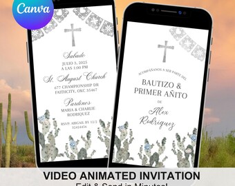 Dusty Blue Cowboy Spanish Baptism Invitation, Cowboy invitaciones de bautizo en español para niños, Editable christening invite template A4