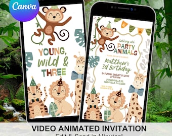 Safari Young Wild and Three Birthday Invitation, Jungle Party Animal Boy 3rd Birthday Invite, Canva Wild Animals Birthday Animation C219
