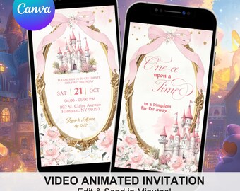 Blush Pink Coquette Bow Fairytale Castle African Girl First Birthday Invitation, One'ce Upon A Time Kingdom 1st Birthday Animation Invite A6