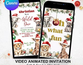 Christmas Safari Wild One First Birthday Invitation, Oh What Fun Christmas Zoo 1st Birthday, Canva Jungle Animals Birthday Animation WZ15