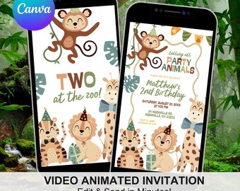 Safari Animals TWO at the Zoo Birthday Invitation, Jungle Party Animal Boy 2nd Birthday Invite, Canva Wild Animals Birthday Animation C219