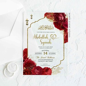 Moslem Red Roses Floral Nikkah Wedding Premium Grade Acrylic Invitation, Red Floral Islamic Wedding Acrylic Invitation, Muslim Valima Invite