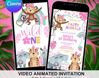 Pink Safari Animals Leopard Pattern Birthday Invitation, Wild One Girl 1st Birthday Invite, Canva Wild Animals Birthday Animation C219