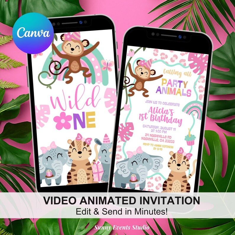 Pink Safari Animals Leopard Pattern Birthday Invitation, Wild One Girl ...