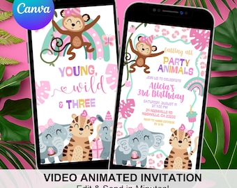 Safari Young Wild and Three Birthday Invitation, Jungle Party Animal Girl 3rd Birthday Invite, Canva Wild Animals Birthday Animation C219